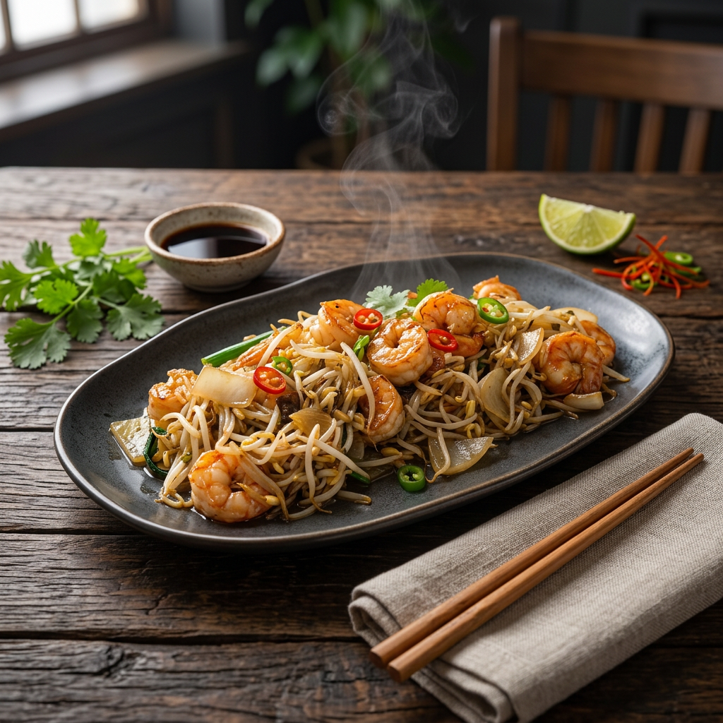 Shop suey aux crevettes Goutali servi sur assiette blanche