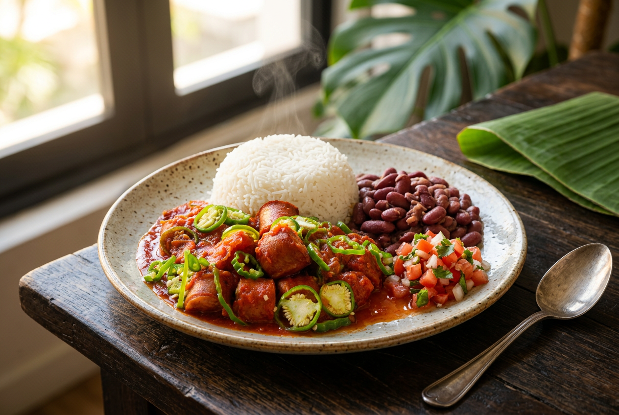 Assiette créole rougail saucisse riz et grain Goutali